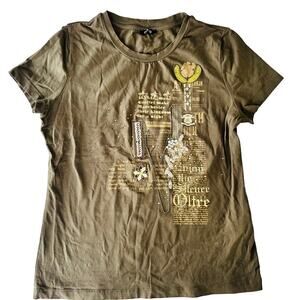 Oltre Graphic Print Tee Shirt Green Gold 3D Details Large Metallic Made in Italy